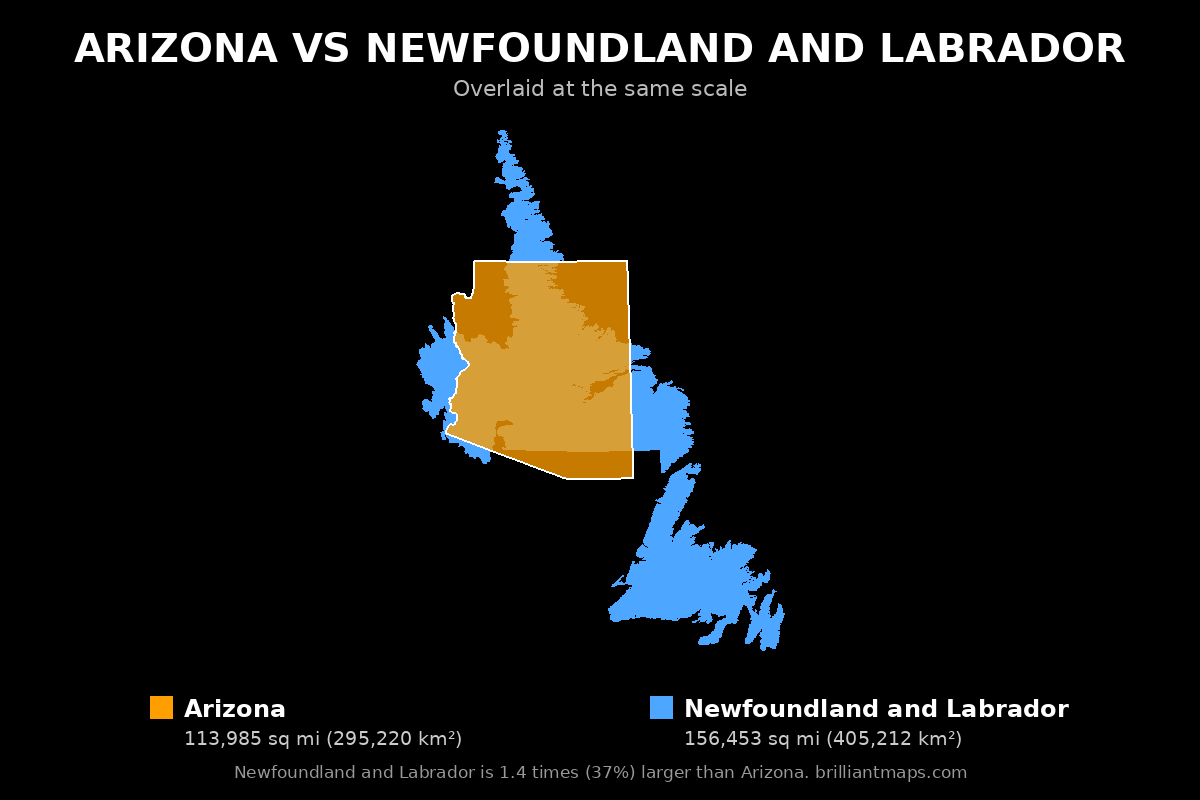 Arizona vs Newfoundland and Labrador Size Comparison Map