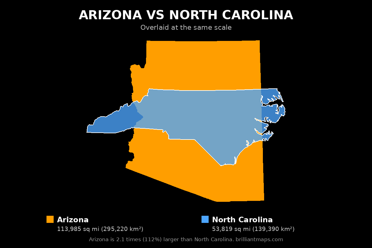 Arizona vs North Carolina Size Comparison Map