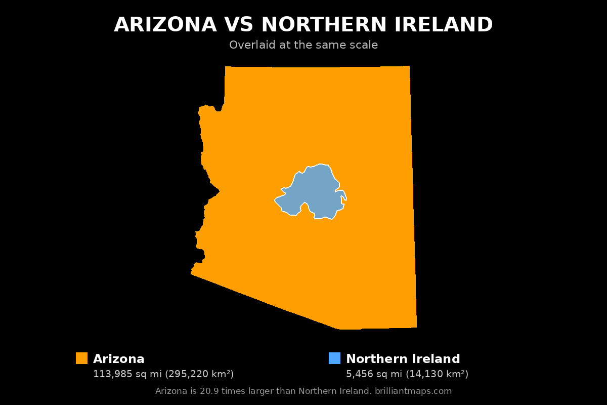 Arizona vs Northern Ireland Size Comparison Map