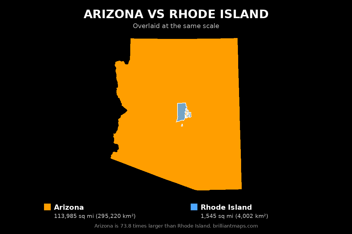 Arizona vs Rhode Island Size Comparison Map