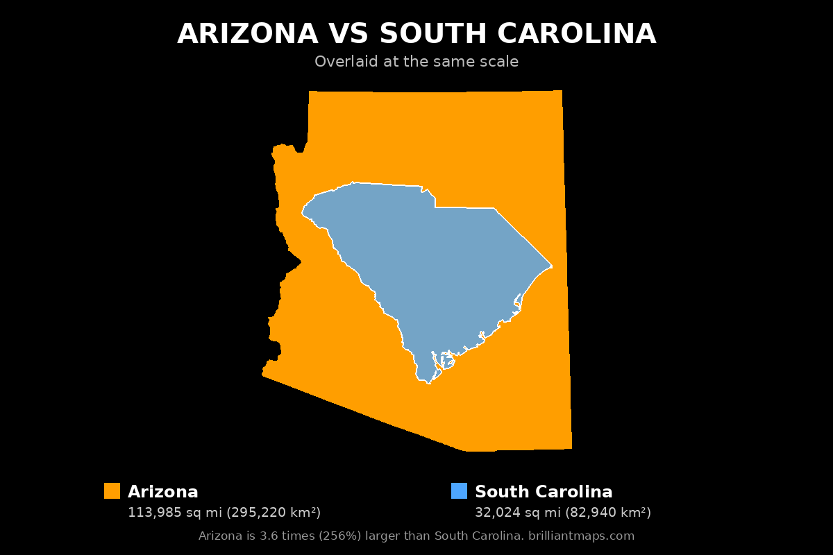 Arizona vs South Carolina Size Comparison Map