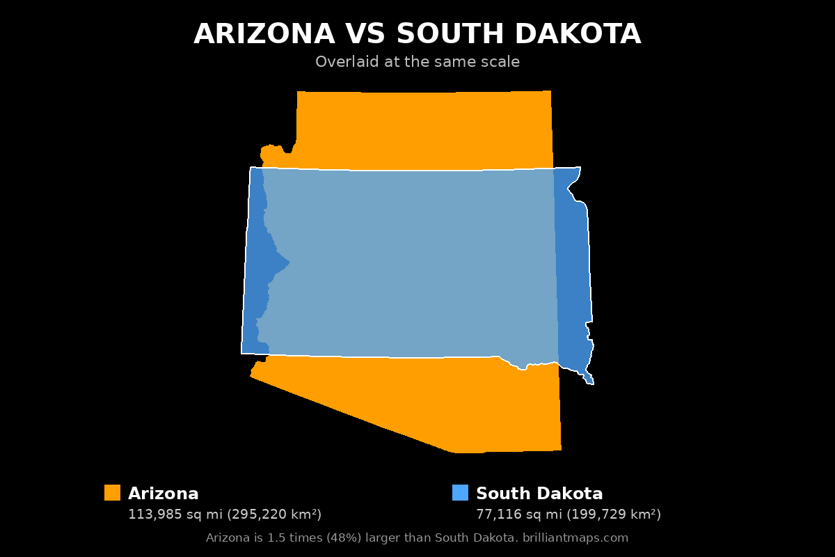 Arizona vs South Dakota Size Comparison Map