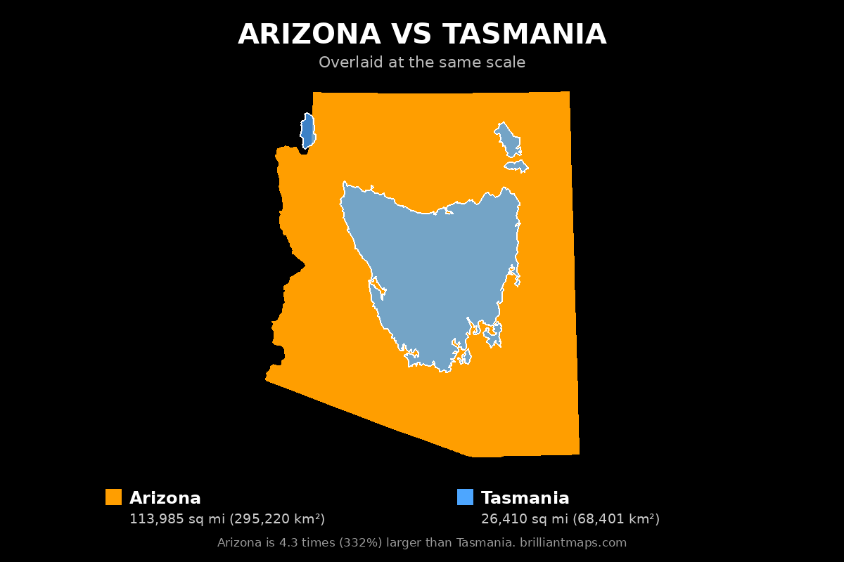 Arizona vs Tasmania Size Comparison Map