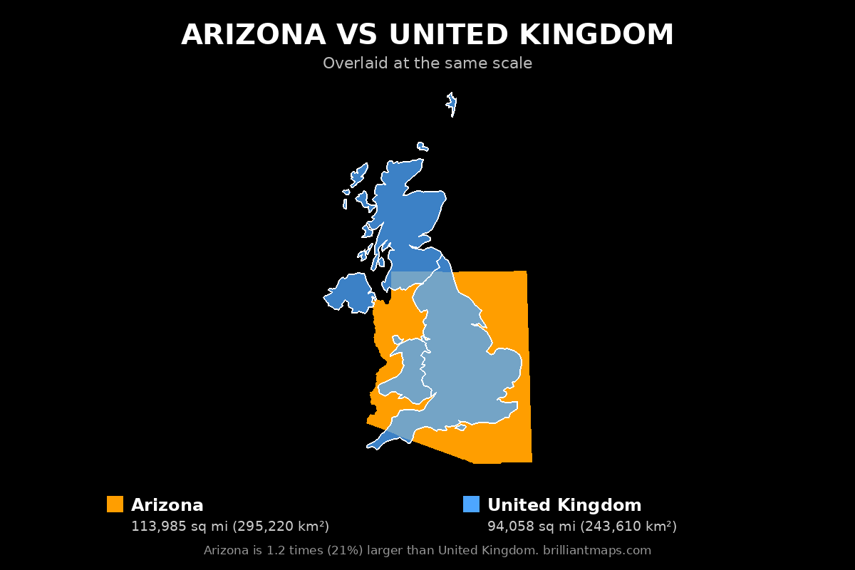 Arizona vs United Kingdom Size Comparison Map