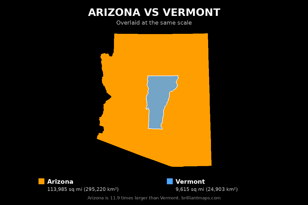 Arizona vs Vermont Size Comparison Map