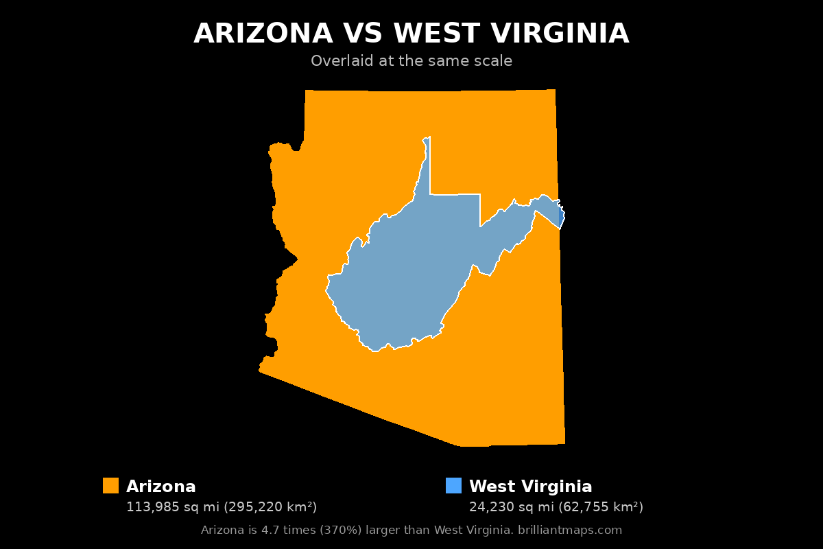 Arizona vs West Virginia Size Comparison Map