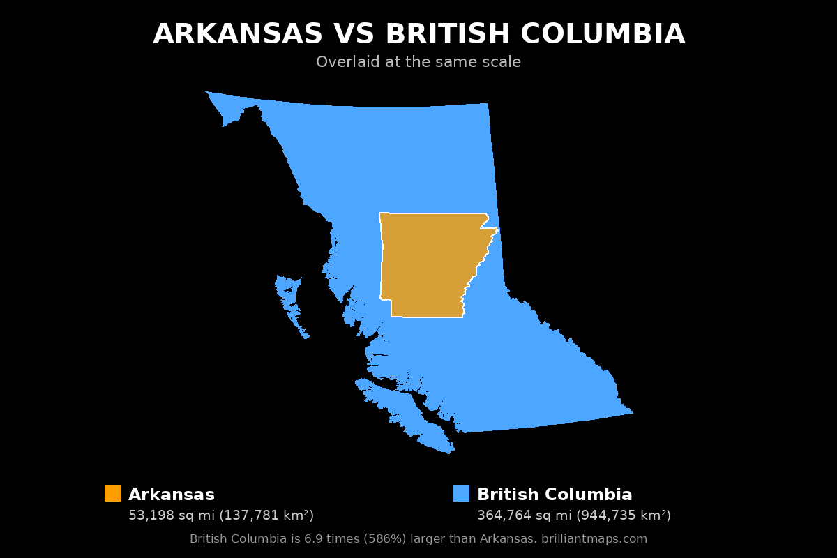 Arkansas vs British Columbia Size Comparison Map