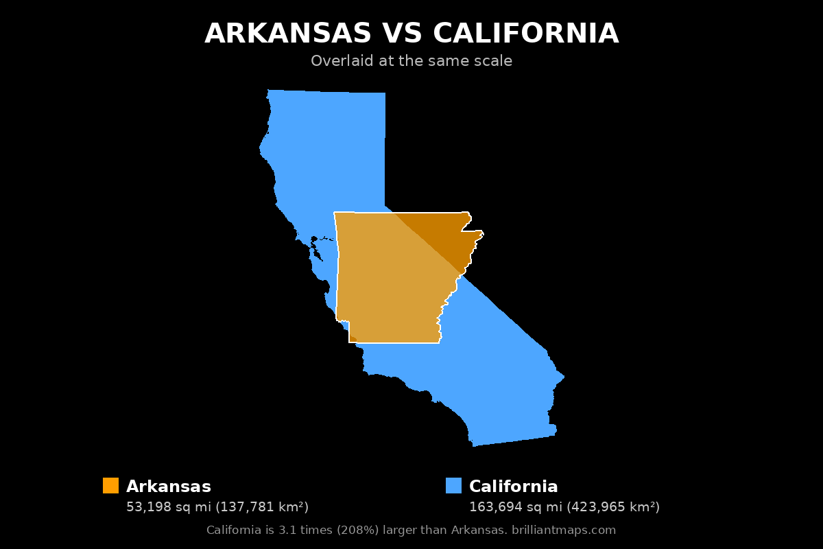 Arkansas vs California Size Comparison Map