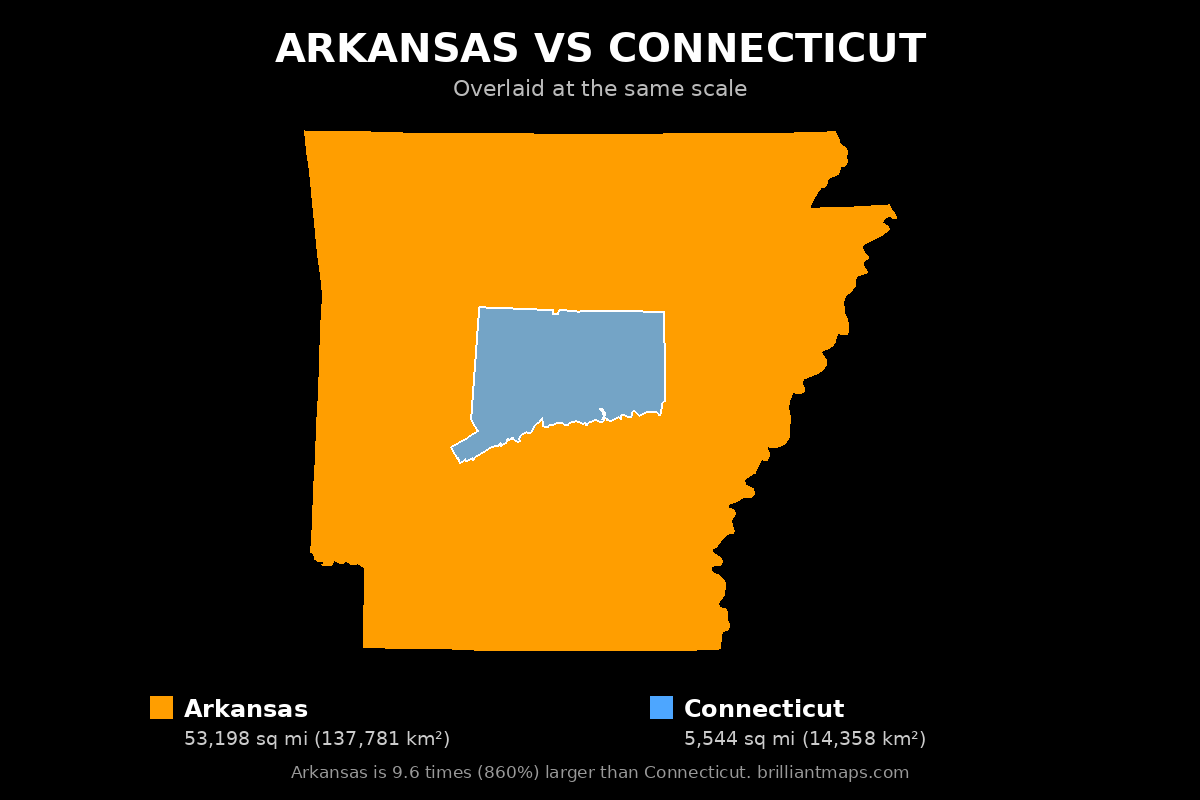 Arkansas vs Connecticut Size Comparison Map