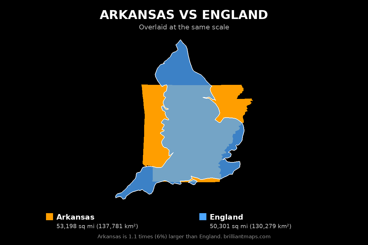 Arkansas vs England Size Comparison Map