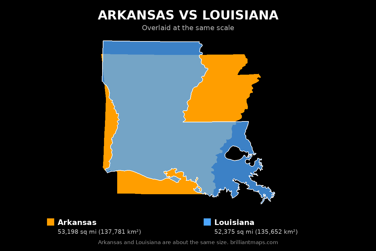 Arkansas vs Louisiana Size Comparison Map