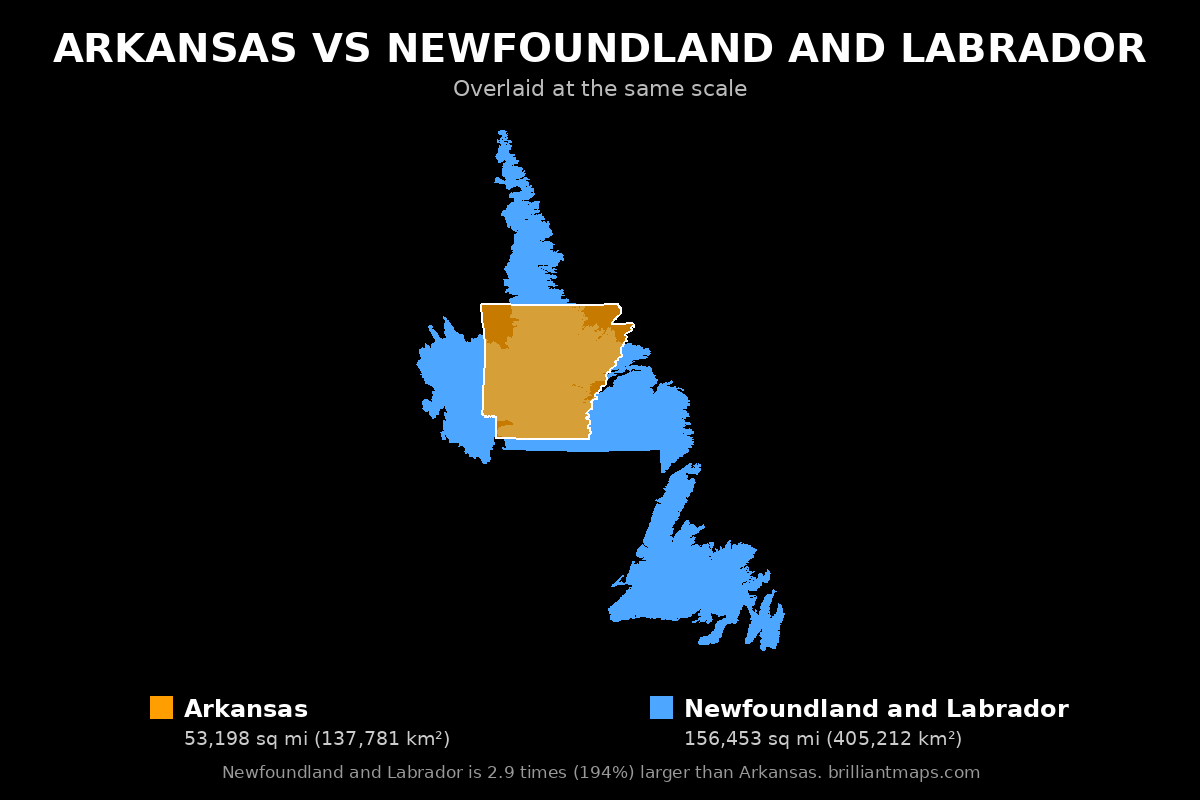 Arkansas vs Newfoundland and Labrador Size Comparison Map