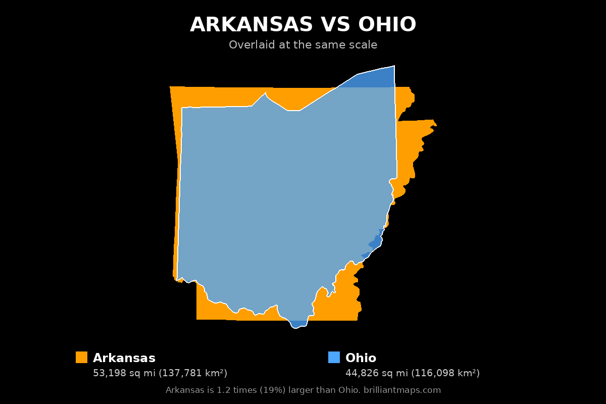 Arkansas vs Ohio Size Comparison Map