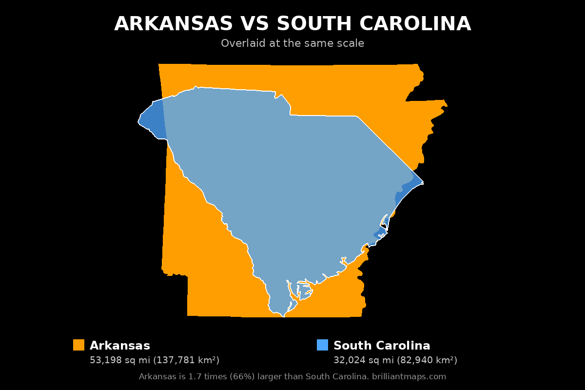 Arkansas vs South Carolina Size Comparison Map