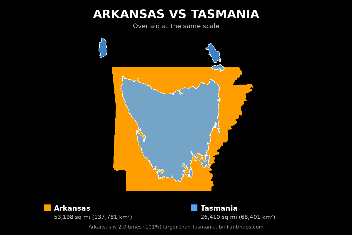 Arkansas vs Tasmania Size Comparison Map