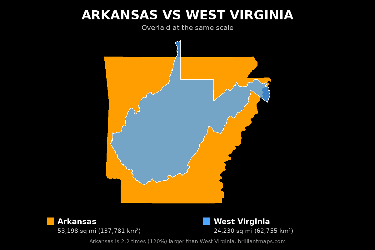 Arkansas vs West Virginia Size Comparison Map