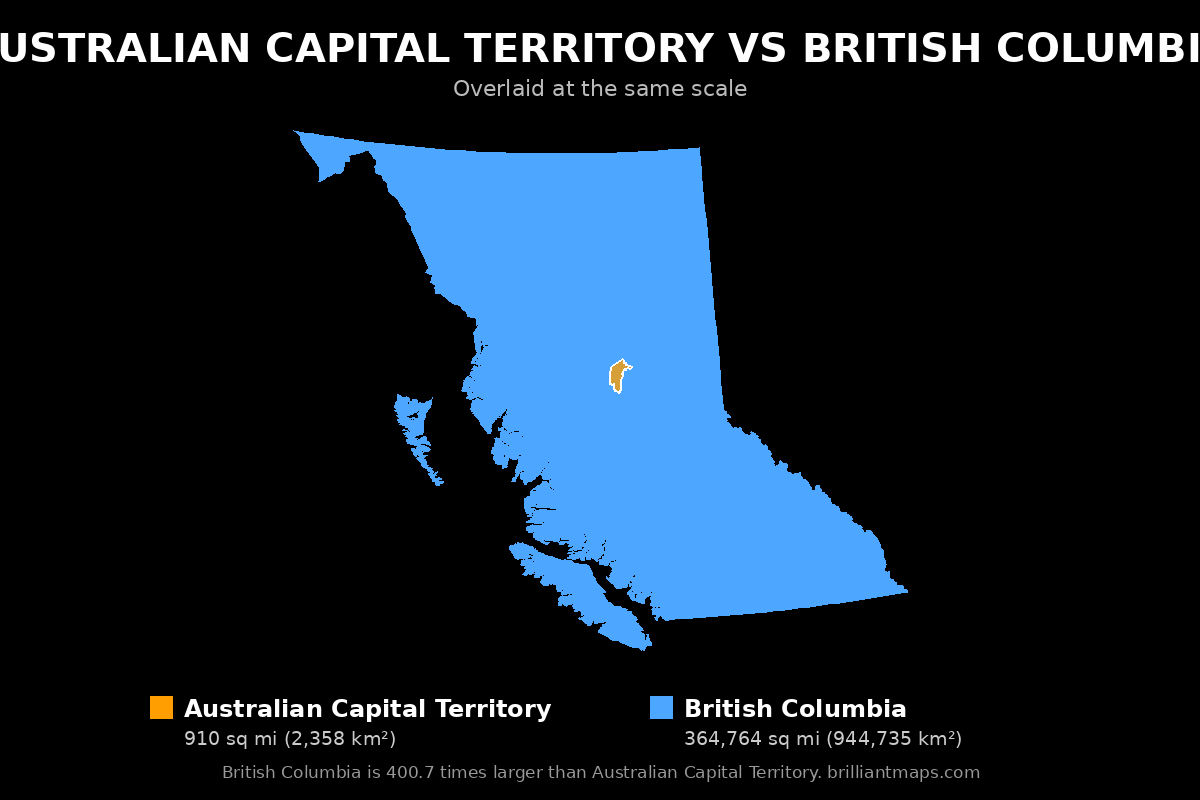 Australian Capital Territory vs British Columbia Size Comparison Map