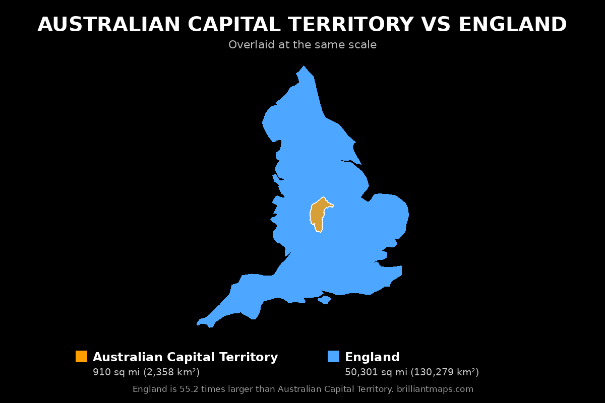 Australian Capital Territory vs England Size Comparison Map