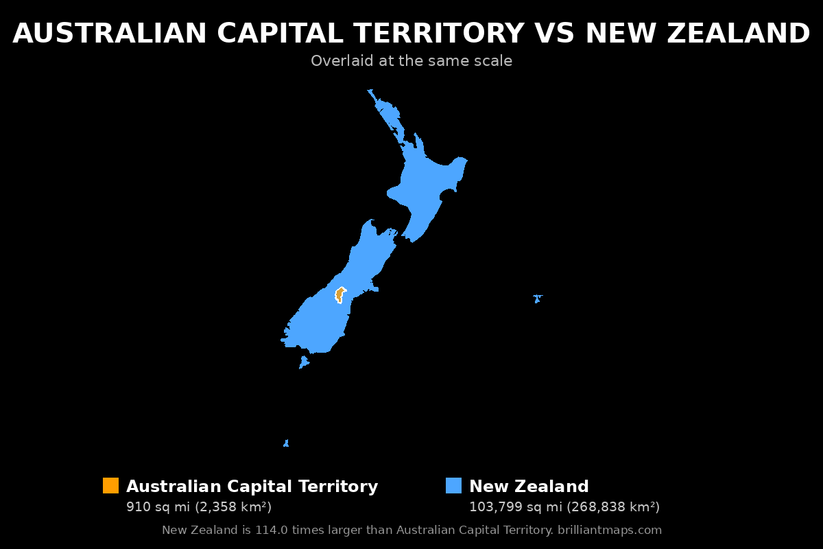 Australian Capital Territory vs New Zealand Size Comparison Map