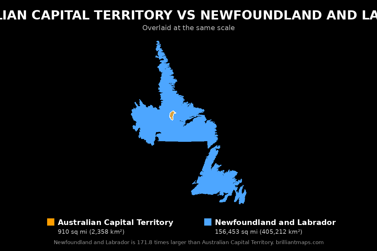 Australian Capital Territory vs Newfoundland and Labrador Size Comparison Map