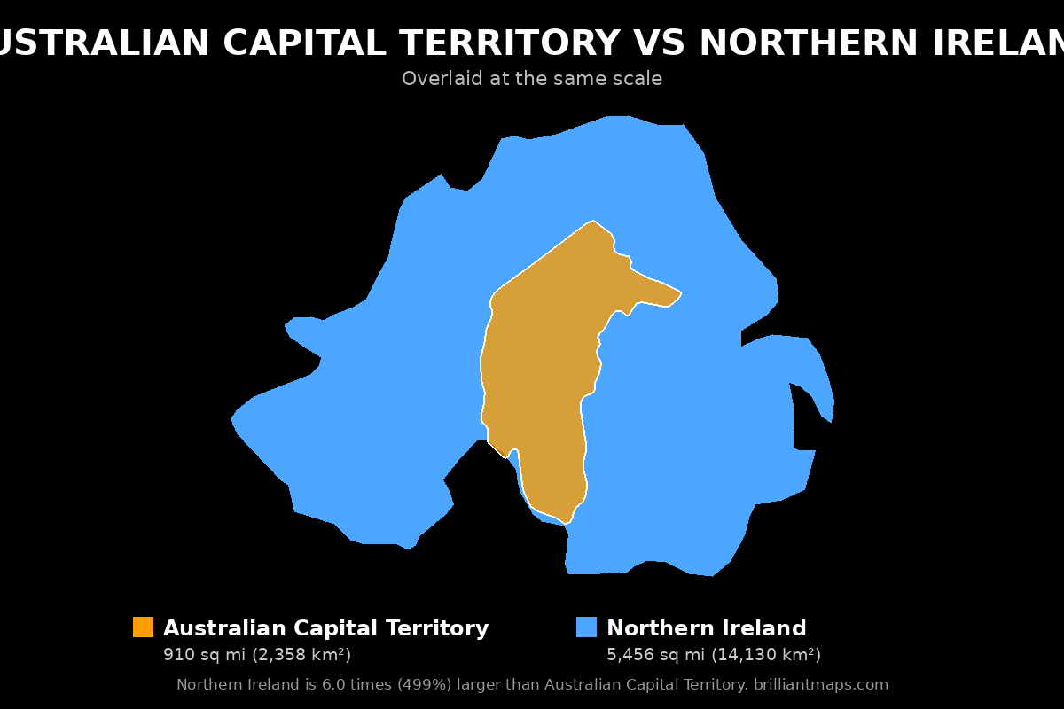 Australian Capital Territory vs Northern Ireland Size Comparison Map