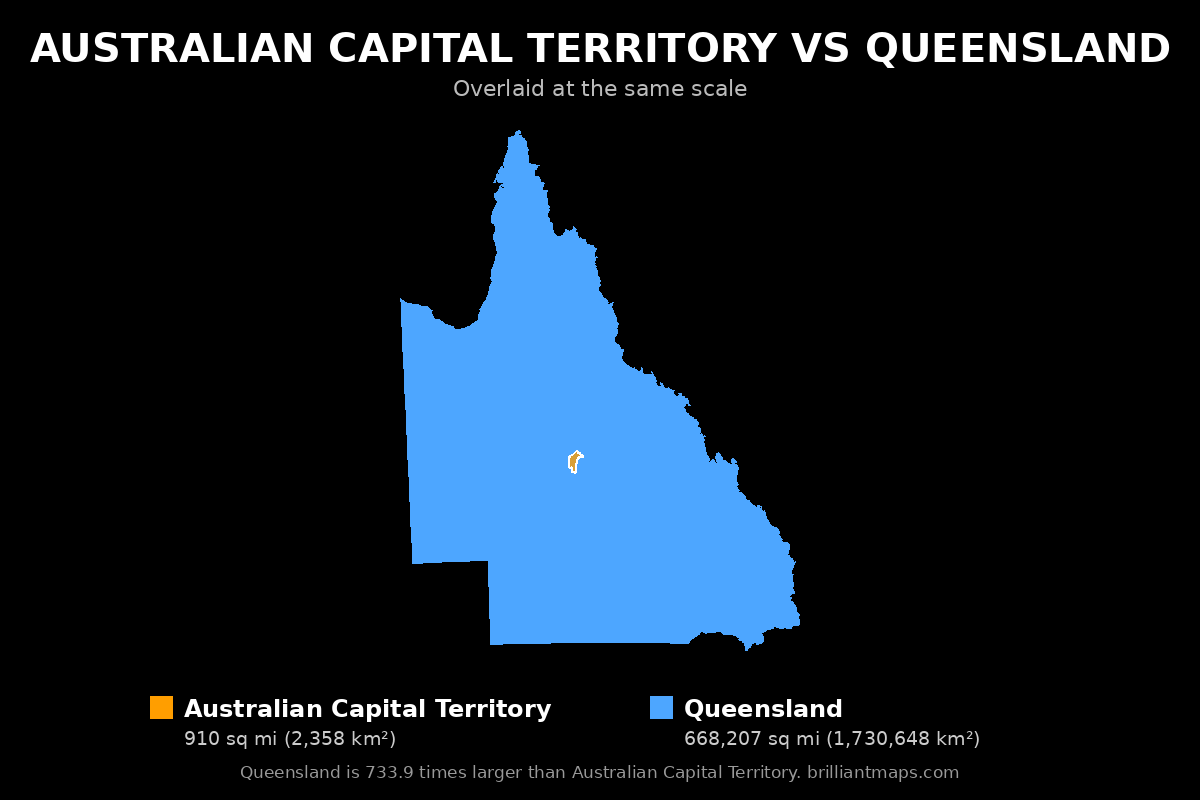 Australian Capital Territory vs Queensland Size Comparison Map