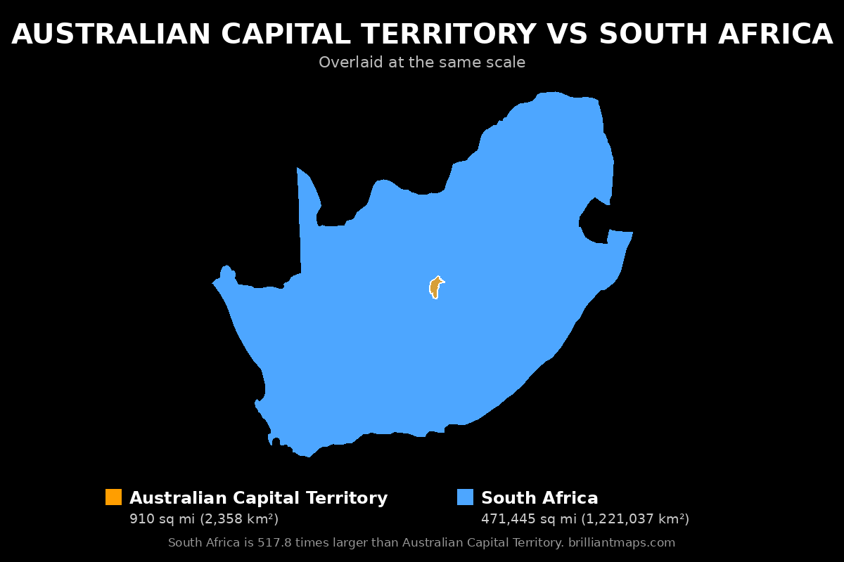 Australian Capital Territory vs South Africa Size Comparison Map