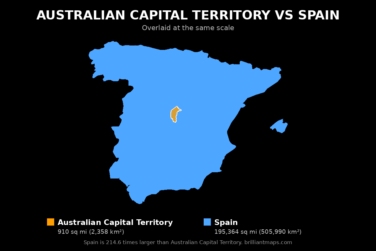 Australian Capital Territory vs Spain Size Comparison Map