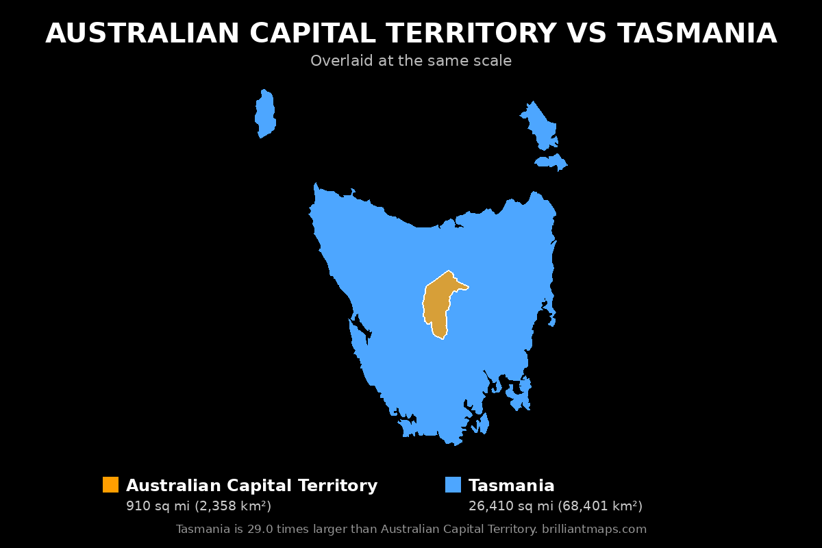 Australian Capital Territory vs Tasmania Size Comparison Map
