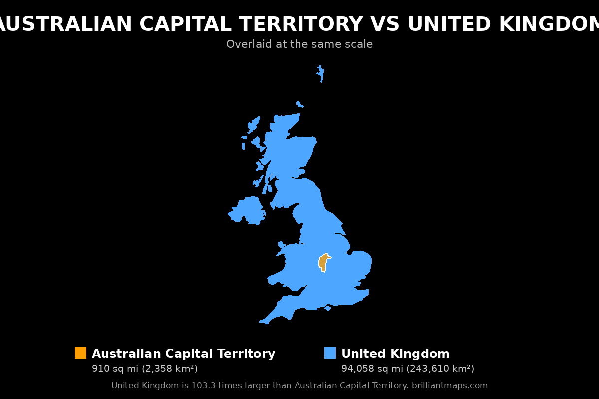 Australian Capital Territory vs United Kingdom Size Comparison Map