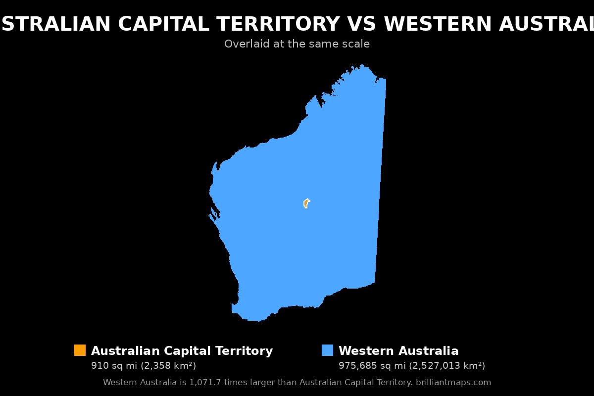 Australian Capital Territory vs Western Australia Size Comparison Map