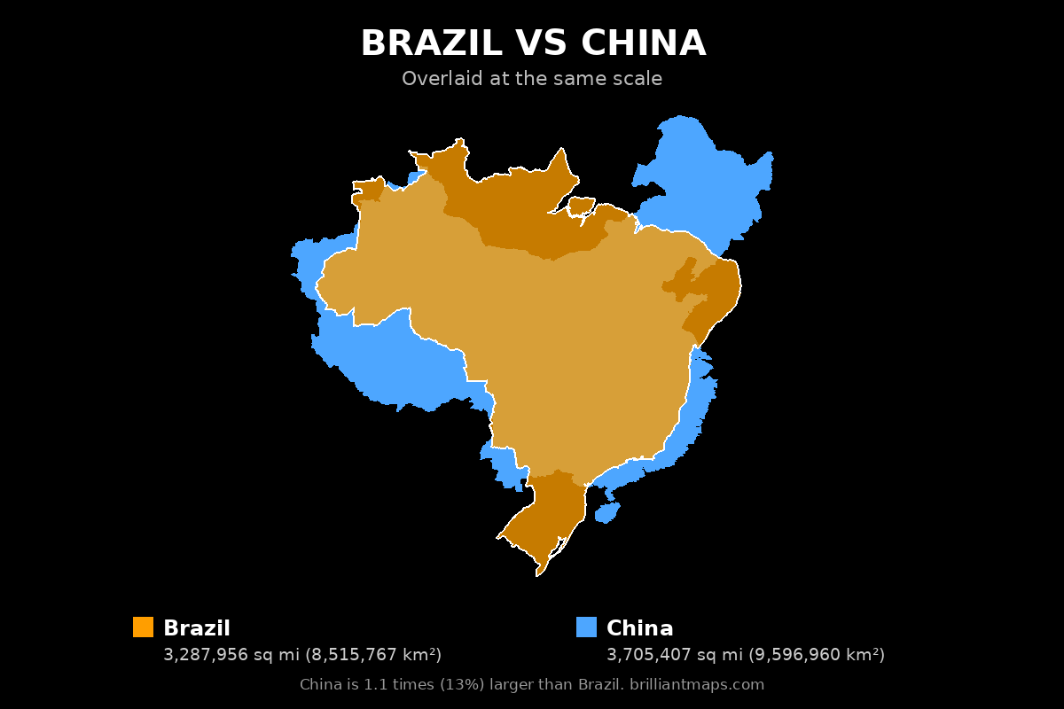 Brazil vs China Size Comparison Map
