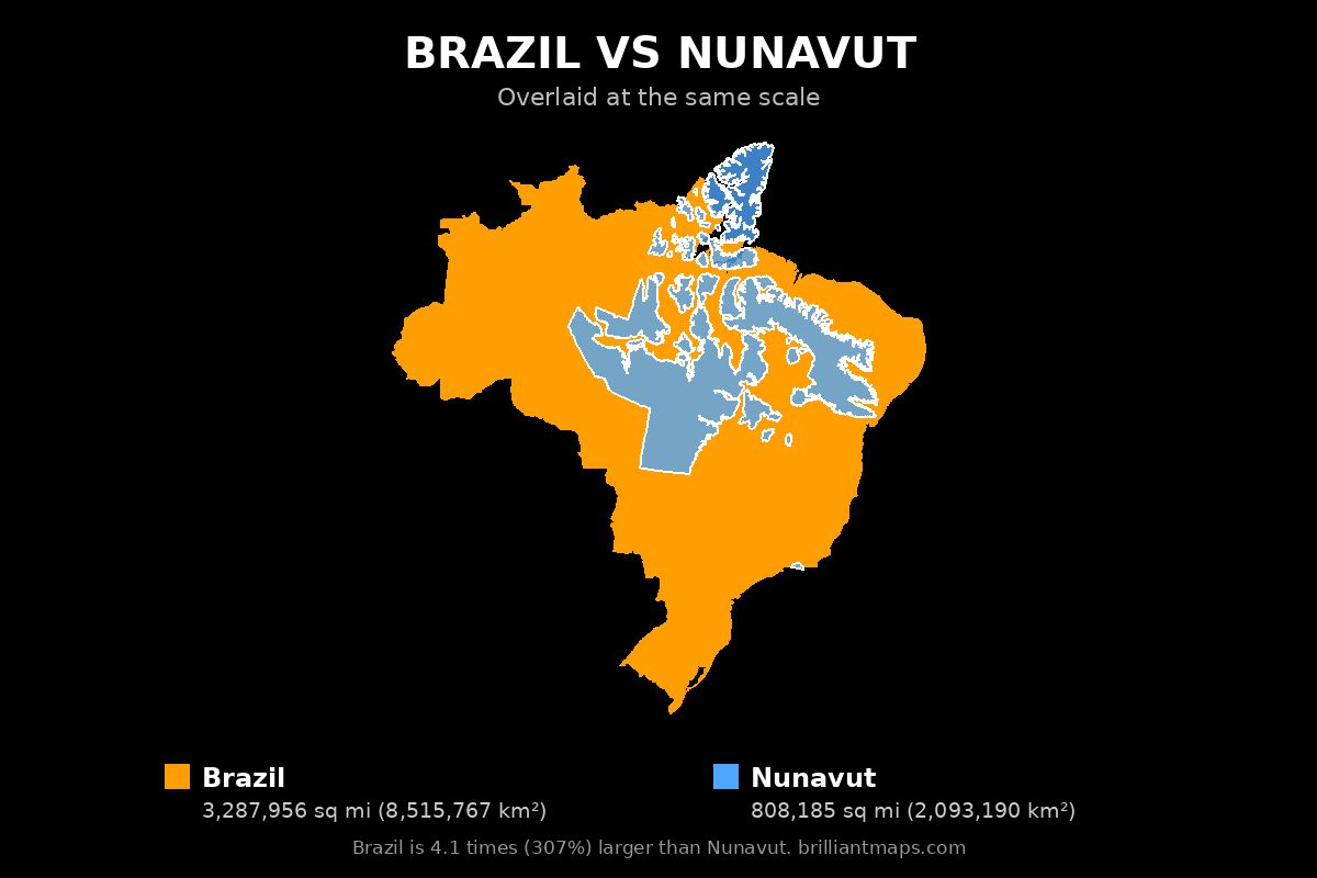 Brazil vs Nunavut Size Comparison Map