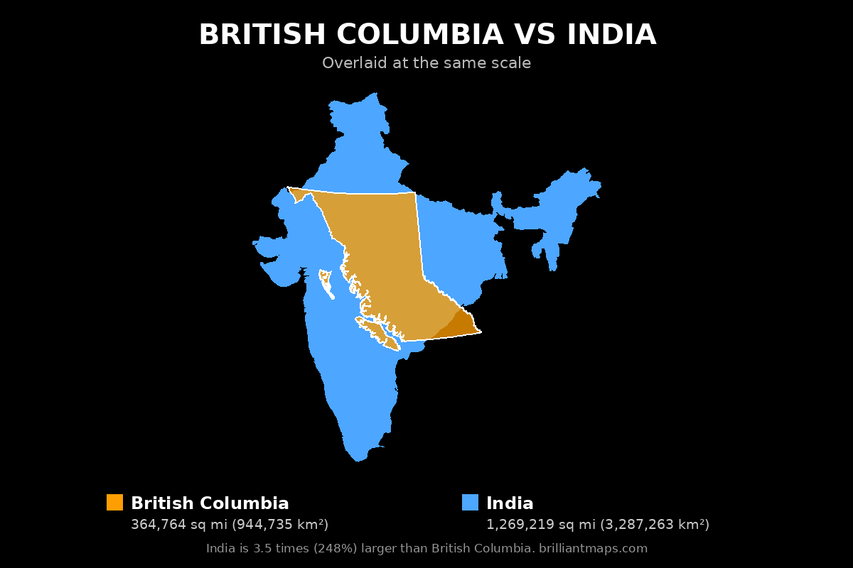 British Columbia vs India Size Comparison Map