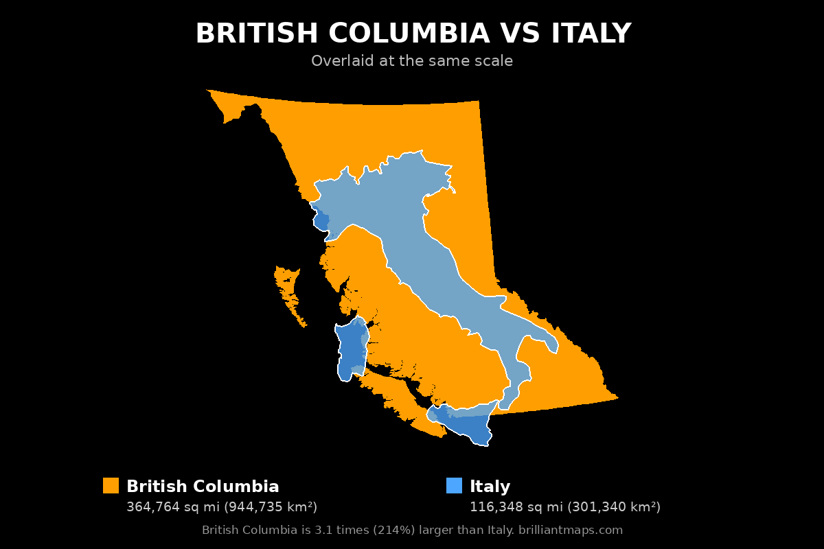 British Columbia vs Italy Size Comparison Map