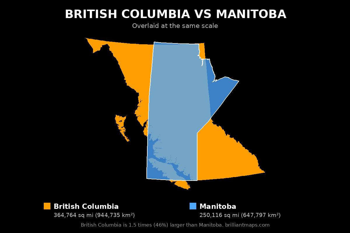 British Columbia vs Manitoba Size Comparison Map