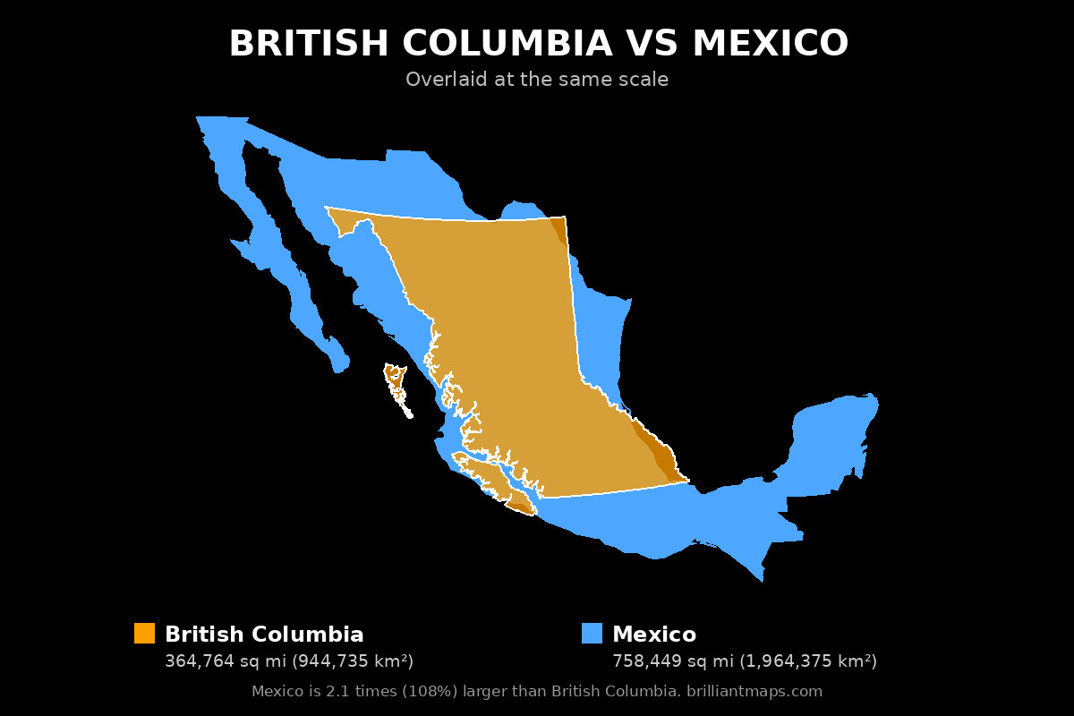British Columbia vs Mexico Size Comparison Map