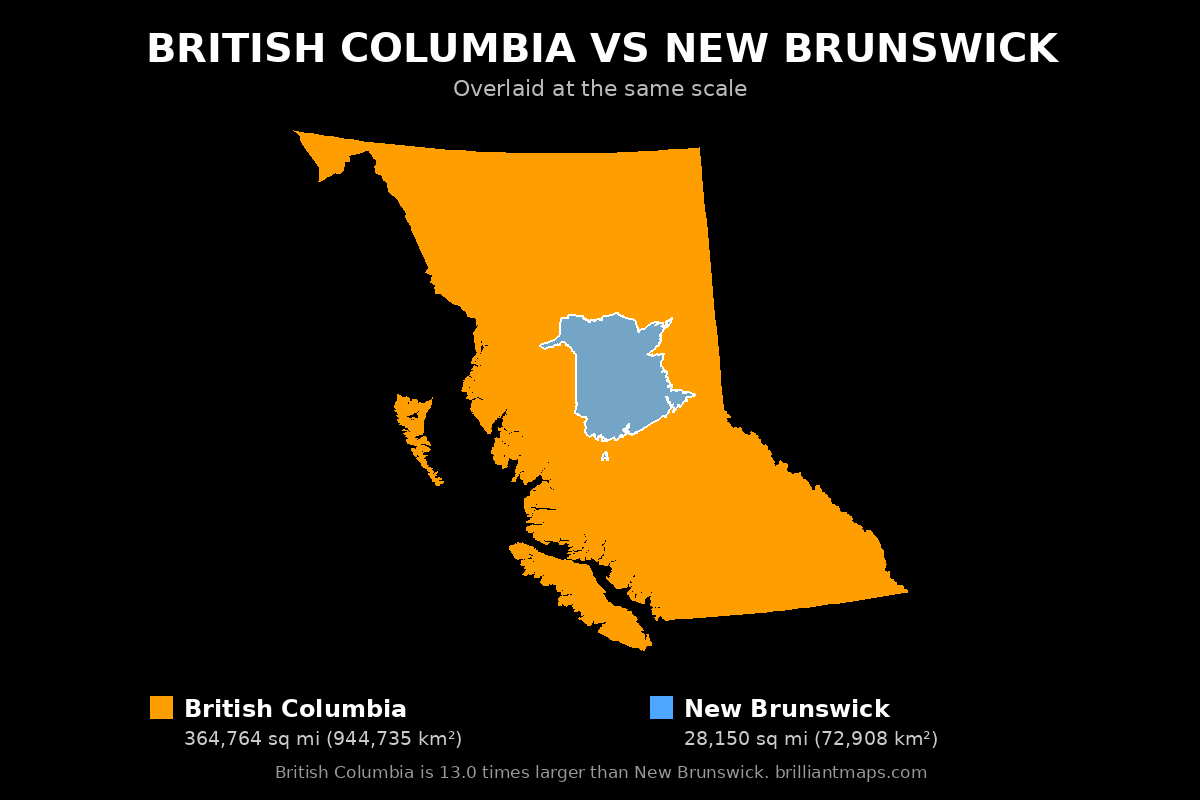 British Columbia vs New Brunswick Size Comparison Map