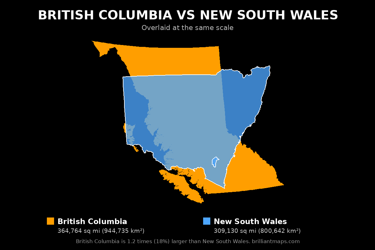 British Columbia vs New South Wales Size Comparison Map
