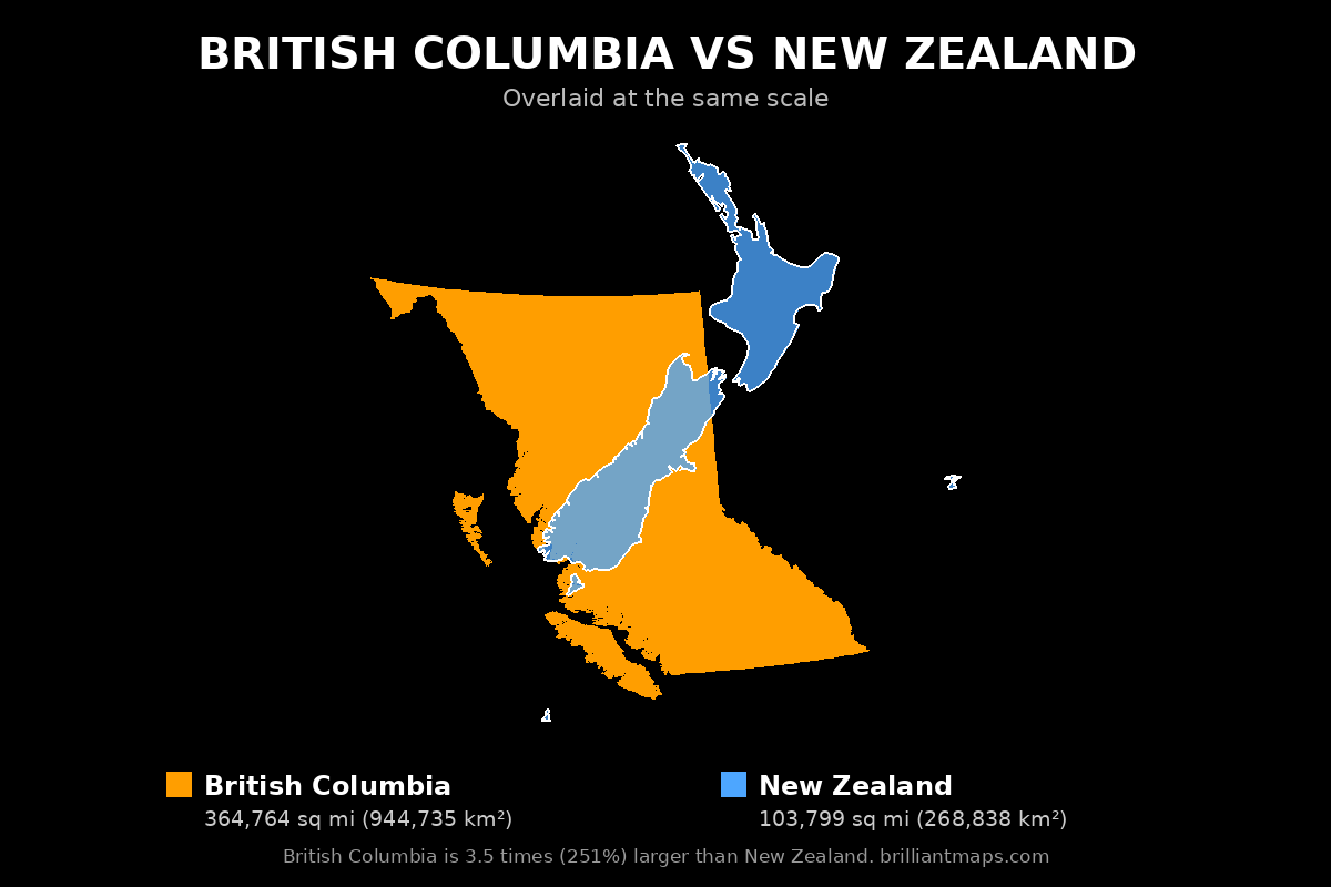 British Columbia vs New Zealand Size Comparison Map