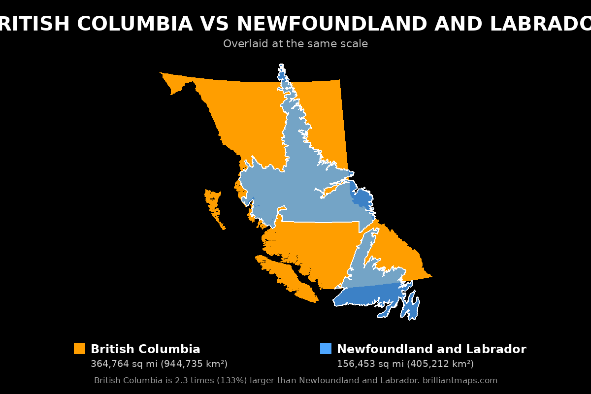 British Columbia vs Newfoundland and Labrador Size Comparison Map