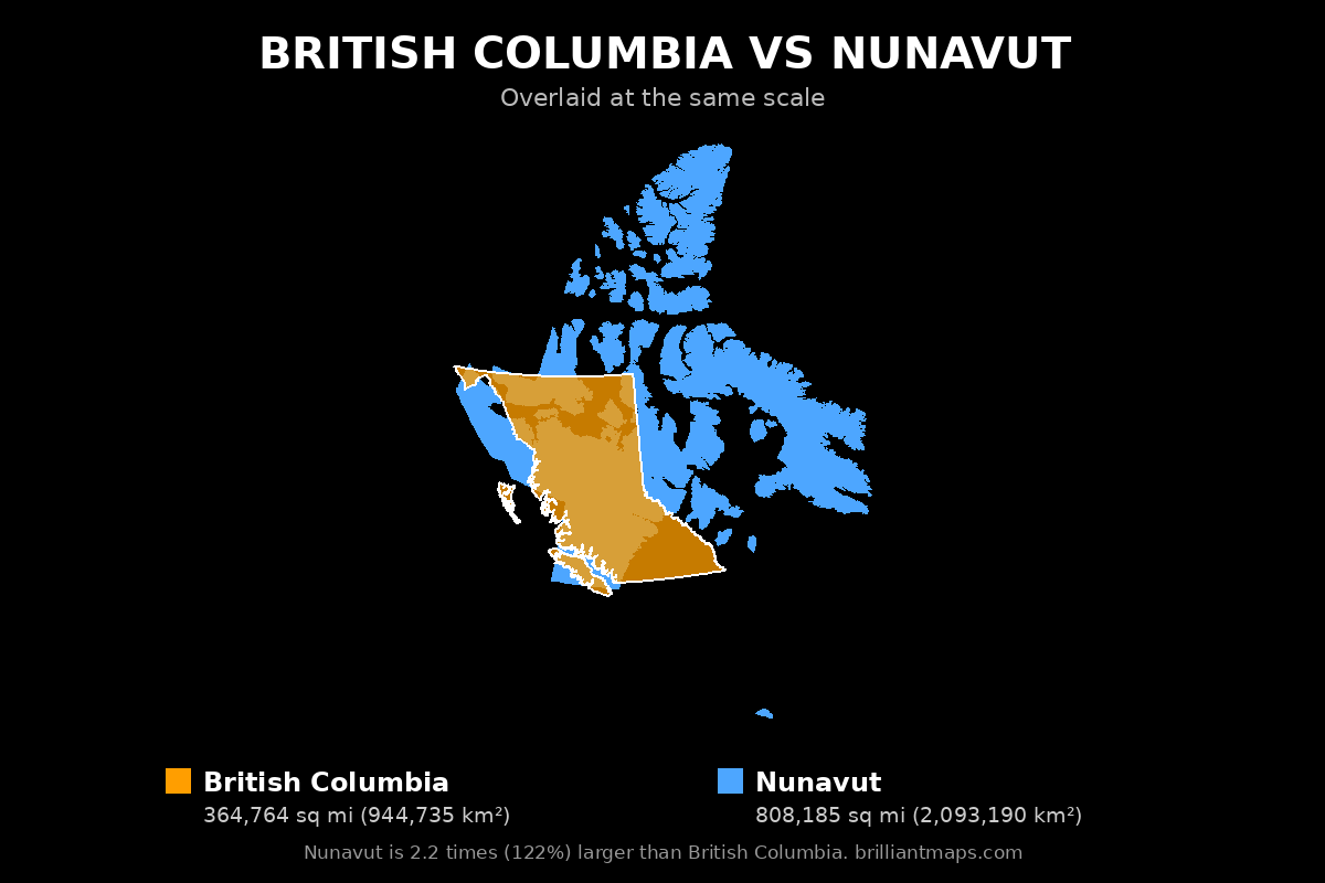 British Columbia vs Nunavut Size Comparison Map
