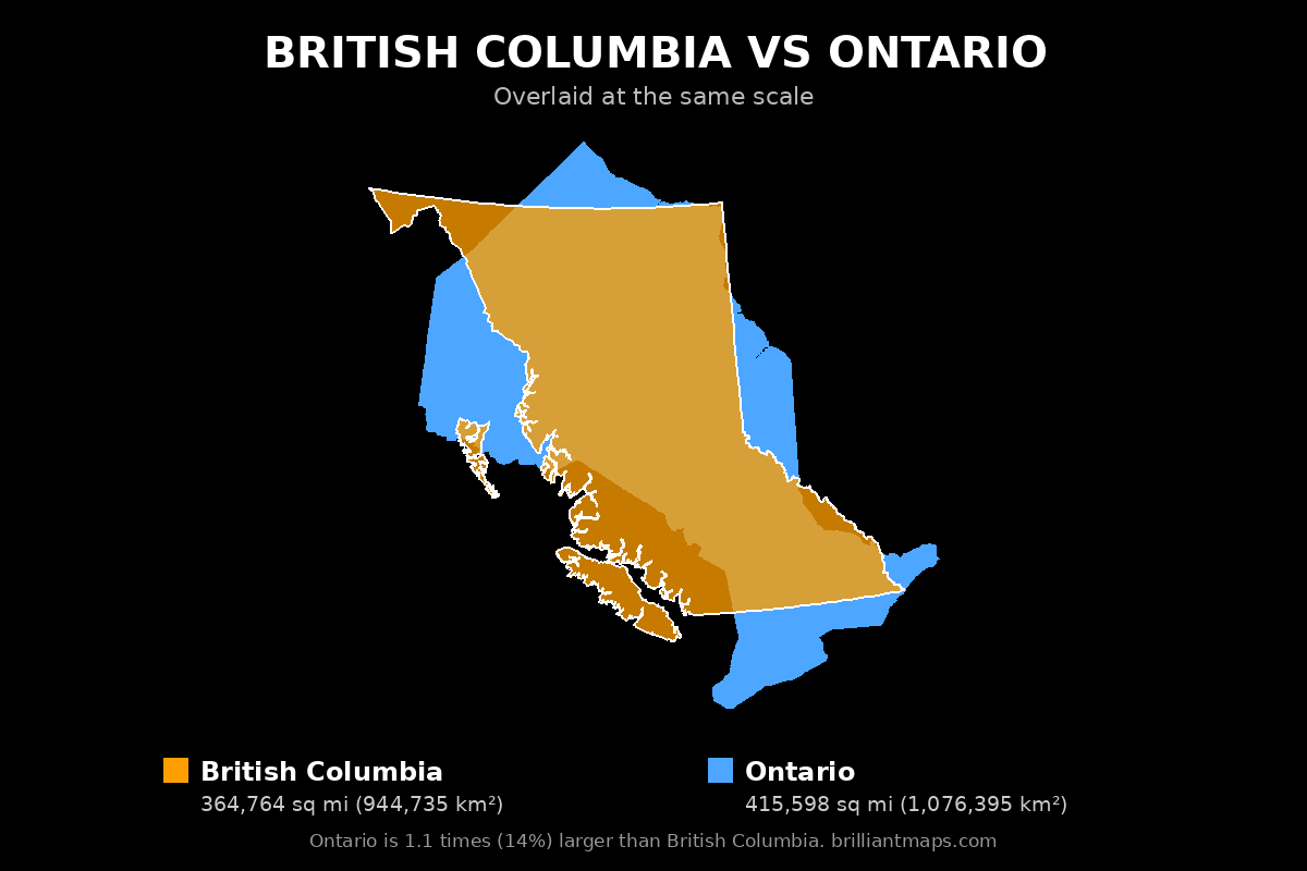 British Columbia vs Ontario Size Comparison Map