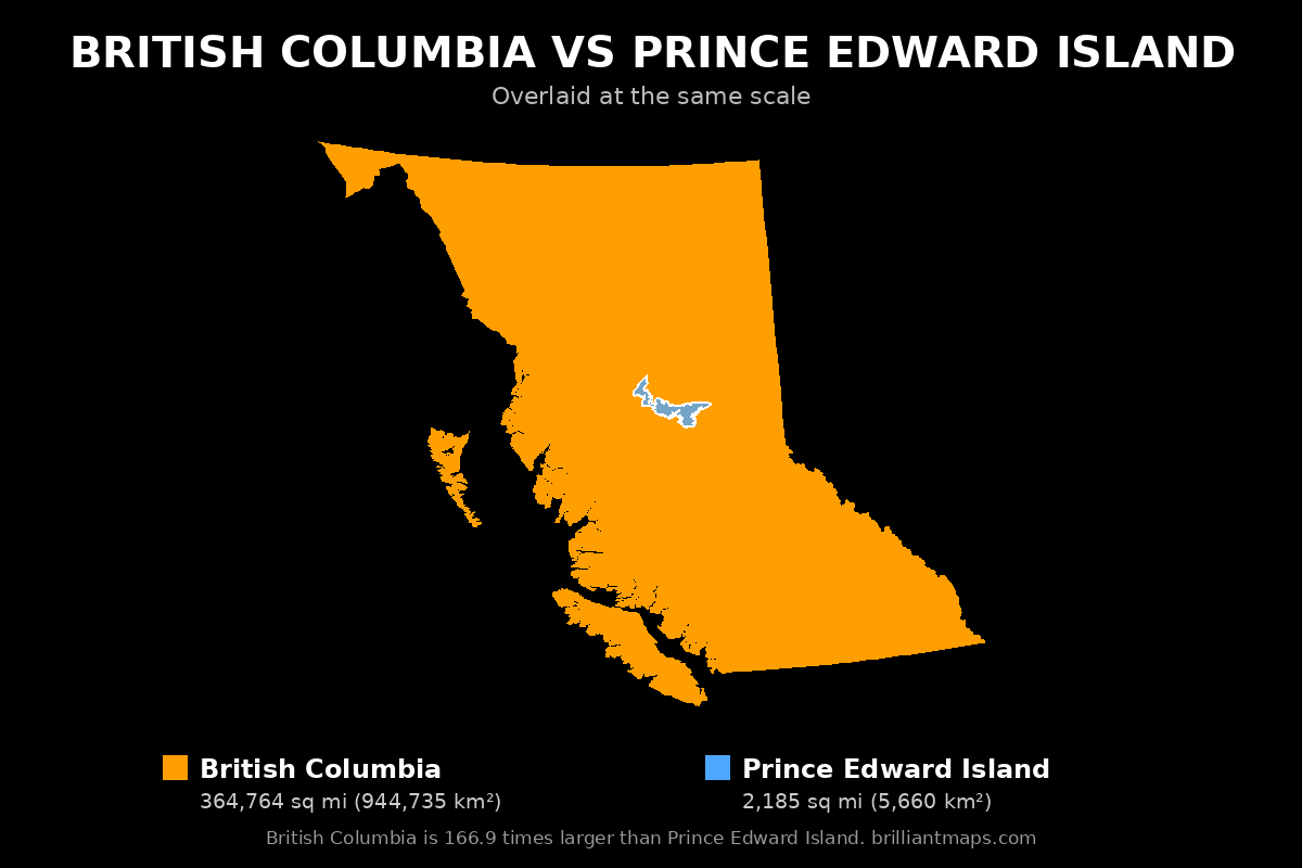British Columbia vs Prince Edward Island Size Comparison Map