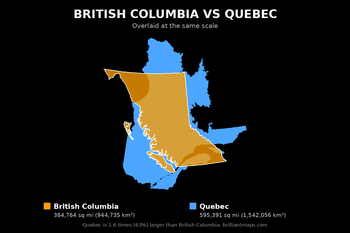 British Columbia vs Quebec Size Comparison Map