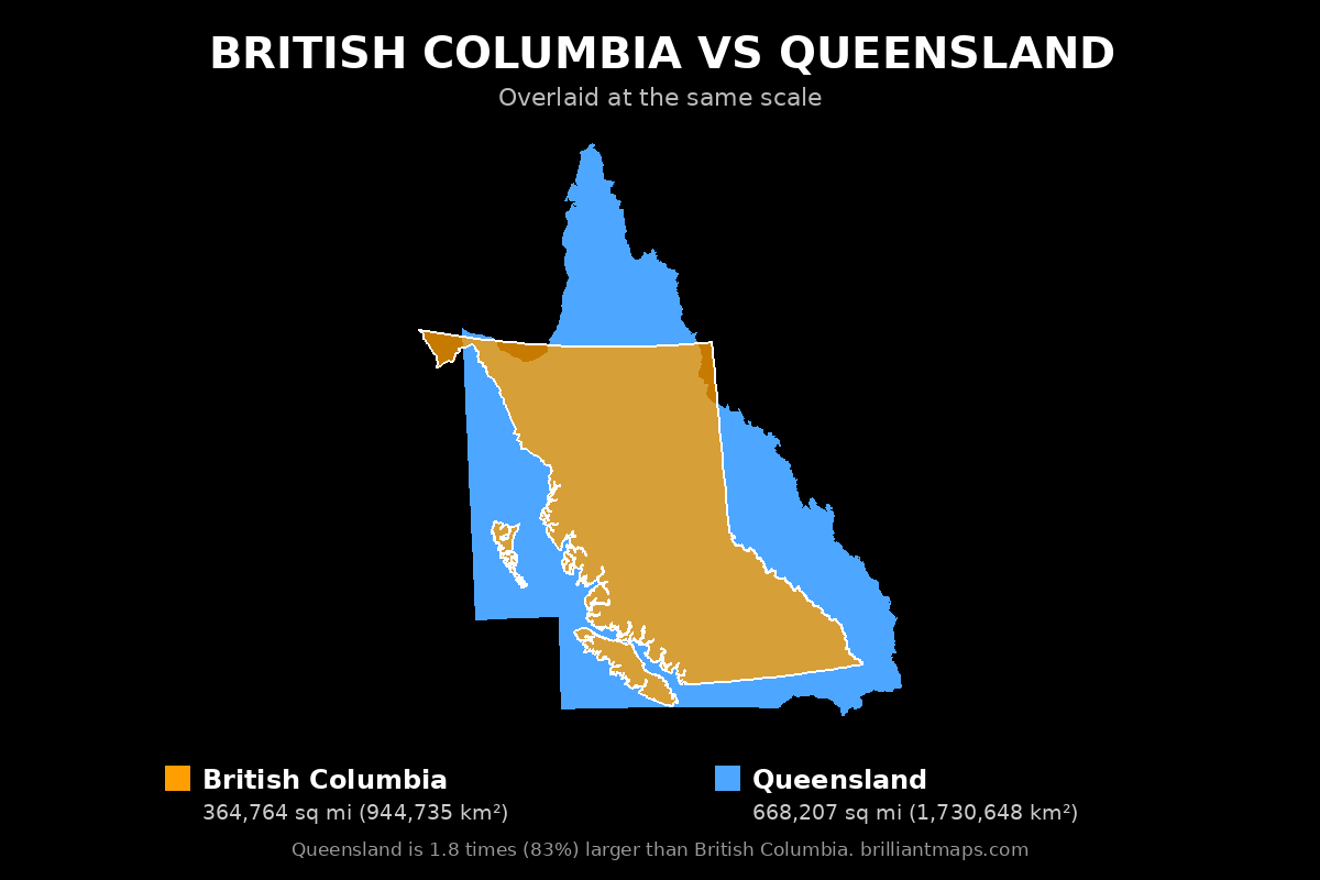 British Columbia vs Queensland Size Comparison Map