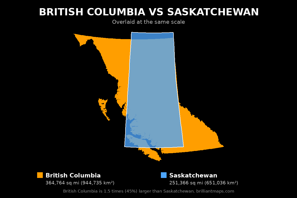 British Columbia vs Saskatchewan Size Comparison Map