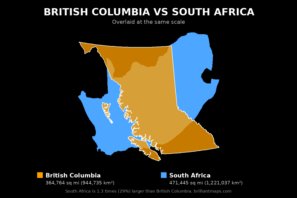 British Columbia vs South Africa Size Comparison Map
