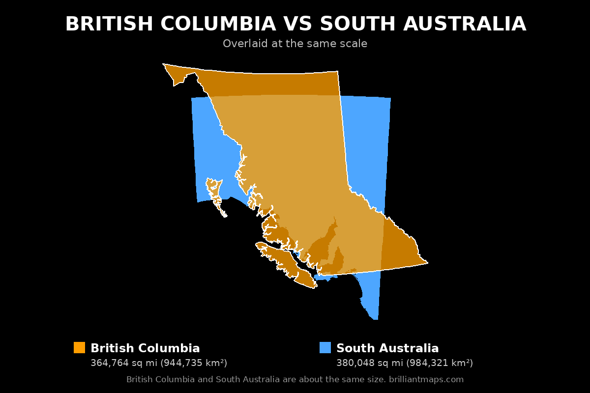 British Columbia vs South Australia Size Comparison Map