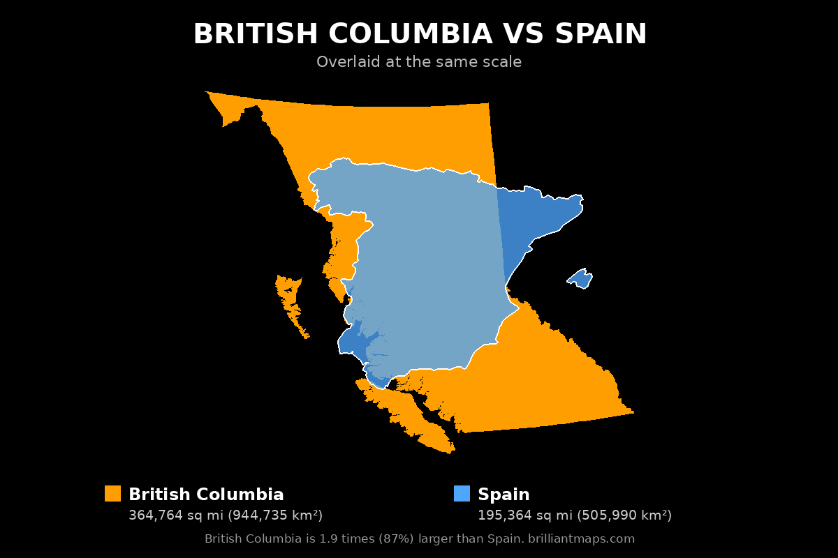 British Columbia vs Spain Size Comparison Map